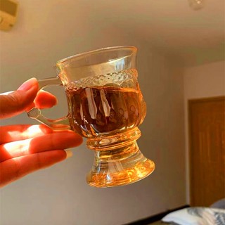 【銘行】【餐吧用具特賣】ins風女輕奢浮雕歐式拿鐵咖啡杯復古琥珀色玻璃杯下午茶杯高顏值