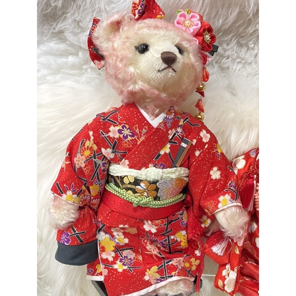 日本進口Stieff 泰迪熊金耳扣和服系列熊娃娃她的名字叫松姬有木盒