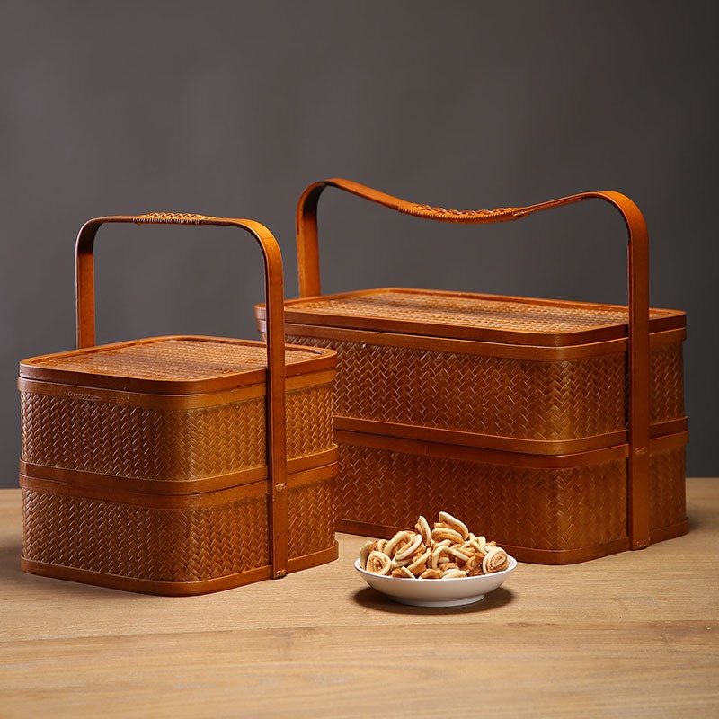 竹籃子 手工製作 天然竹編 手工竹編雙層復古食盒提手籃送餐籃點心籃月餅禮盒帶蓋茶具收納籃
