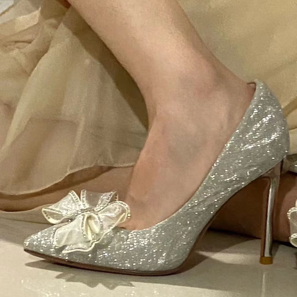 法式 高跟鞋 女新款 銀色 婚鞋 水鉆 蝴蝶結 尖頭 公主 18歲 成人禮 單鞋 水鑽高跟鞋 婚禮鞋