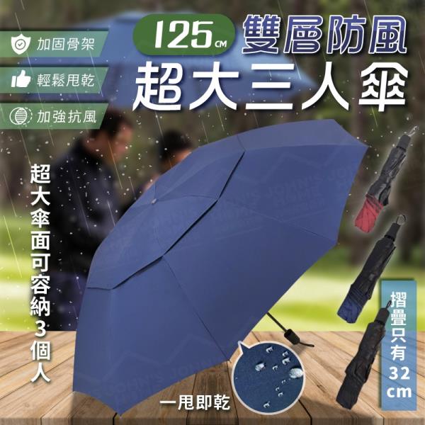 【米尚空間】超大雙層折疊防風黑膠三人傘 傘下直徑125cm 三折遮陽傘 防曬抗UV傘 大雨傘 晴雨傘