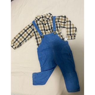 小童-咖啡色格子長袖襯衫+藍色牛仔吊帶長褲👖二手80cm/18m