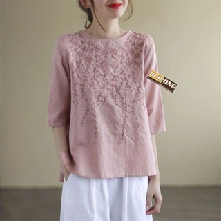 熱賣中💖💖文藝復古棉麻純色短袖t恤女重工刺繡花寬松圓領上衣 短袖 T恤女 大碼T恤 寬松 顯瘦 大尺碼