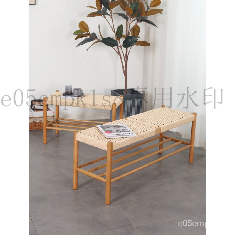 【免運】北歐橡木實木換鞋凳牛皮繩編織床尾長條凳子餐椅簡約現代日式風格