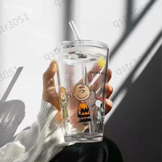 【臺灣熱賣】ins 風 吸管杯 小紅書 環保杯 史努比 玻璃杯 隨行杯 咖啡杯 牛奶杯 耐熱玻璃杯 刻度杯 可愛 GTF