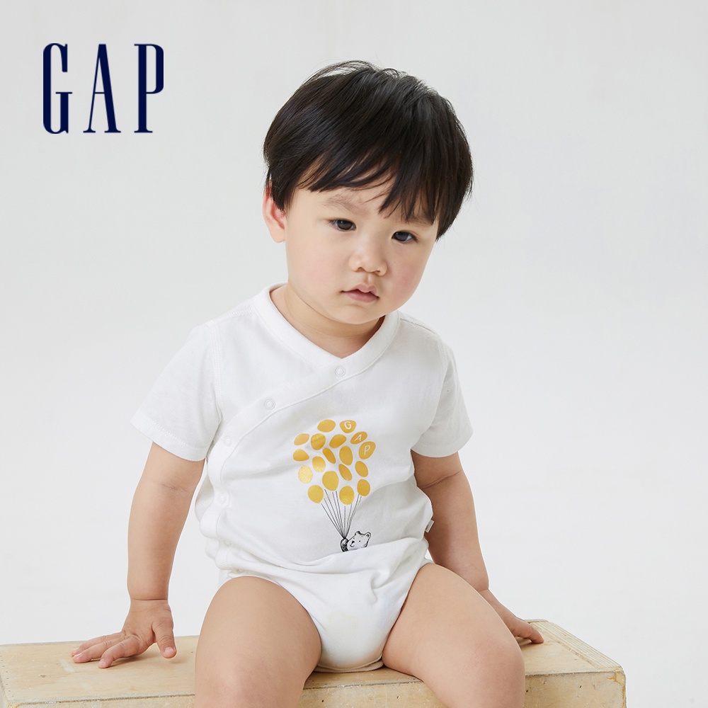 Gap 嬰兒裝 Logo/小熊印花純棉短袖包屁衣-白色(671354)