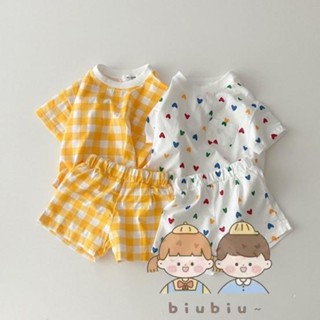 🎀biubiu童裝🎀ins韓國23夏裝清爽短袖套裝寶寶愛心格子休閑T恤短褲兩件套
