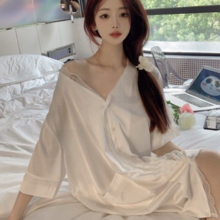 【YW】冰絲睡裙 女生睡衣 夏季新款 純慾風 性感睡衣 寬鬆 薄款 白色襯衫蕾絲睡衣 居家服 女生短袖睡衣