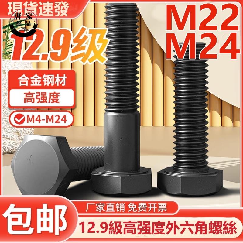 🚚工廠直銷💯（M22 M24）12.9級高強度外六角螺絲加長合金鋼六角頭螺釘螺栓螺桿M22M24tk522