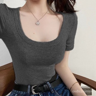 GP實拍 上衣女生韓版 正韓棉t 女生短袖 寬鬆上衣 短袖上衣螺蚊U領短袖T恤女緊身上衣夏秀新款大領口純色簡約彈力半袖