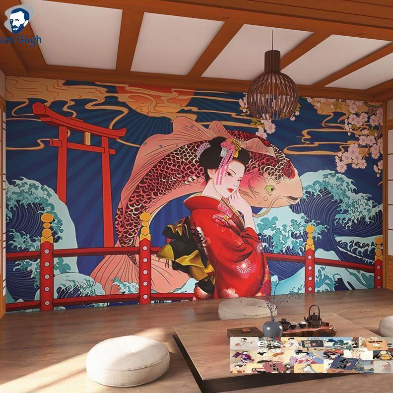 日式風格墻佈日本料理壽司店海浪浮世繪和風壁紙壁畵日係裝修墻紙
