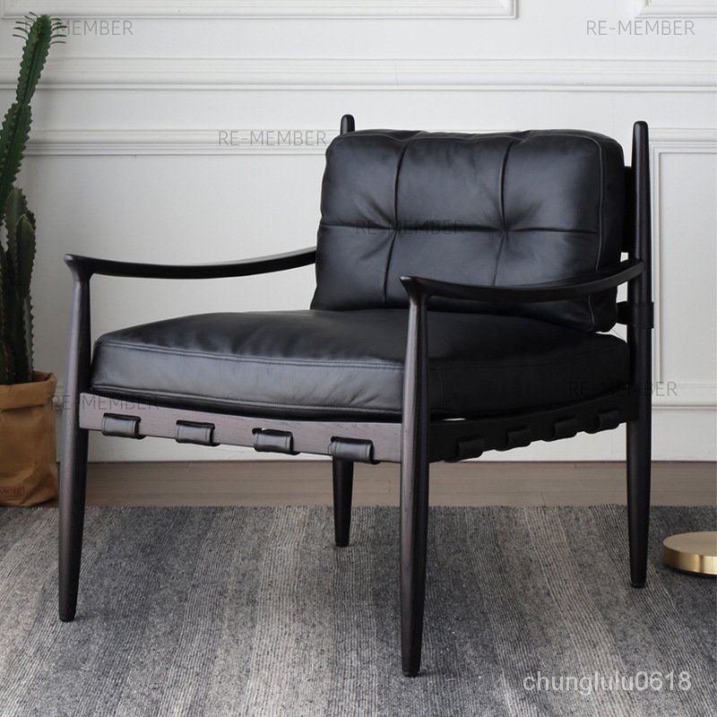 【熱銷】北歐中古傢具實木單人休閒椅網紅創意設計師款真皮沙發椅工廠批發