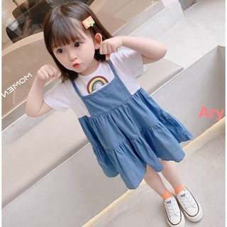 Ary 女童洋裝 女童連身裙 連衣裙兒童假兩件連衣裙夏女童可愛卡通公主裙新版小女孩洋氣中長裙寬松韓版童裝