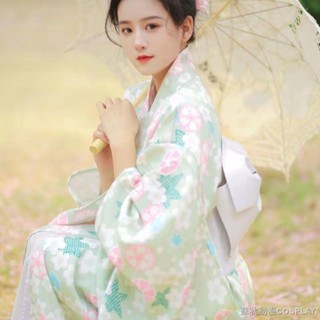 cosplay 服 裝日式和風改良和服浴衣 綠色花紋圖案文藝復古和服 少女連衣裙寫真 日系日式甜美和服 角色扮演