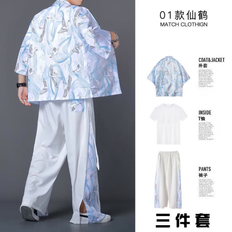 臺灣熱賣三件套道袍男裝網紅衣服中國風冰絲套裝潮流漢服大碼夏季古風古裝6190