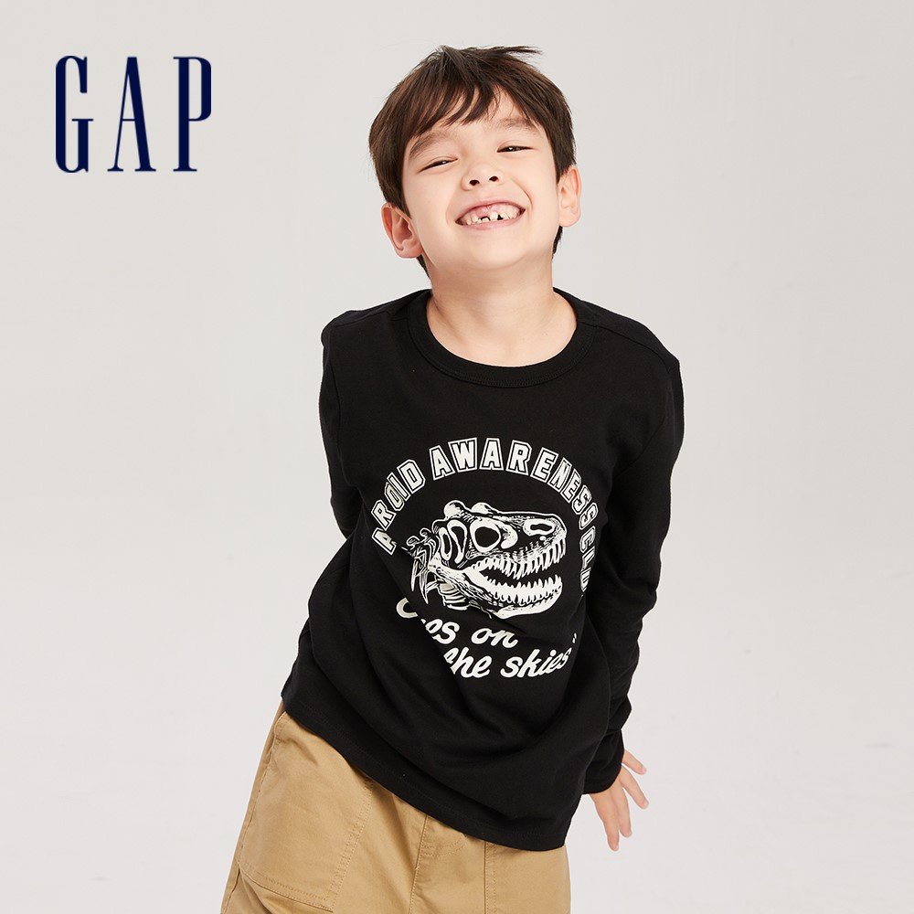 Gap 男童裝 純棉印花圓領長袖T恤-黑色(797412)