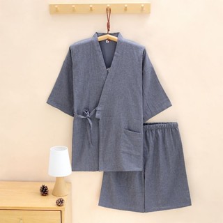 日式睡衣 日本和服 和服 浴衣 浴衣和服 日本和服 和服睡衣 睡袍睡衣夏季日式和服睡衣男士汗蒸服雙層紗佈純色短袖短褲簡約