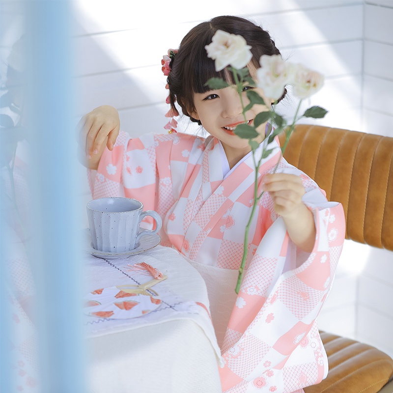 桔子點點日本兒童和服日式浴衣女童連衣裙演出服中國風冬小粉格子