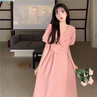 【Luna精選服飾】大碼女裝 泡泡袖連衣裙 法式洋裝 溫柔風 裙子 遮肚顯瘦 法式長裙 粉色連衣裙 粉色洋裝 長裙連衣裙