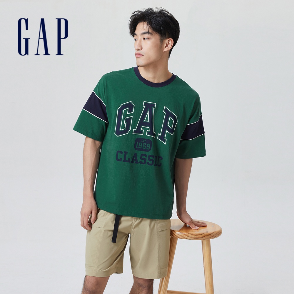 Gap 男裝 Logo純棉撞色短袖T恤 厚磅密織水洗棉系列-綠色(841967)