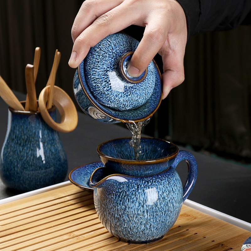 陶瓷 茶具 套裝 家用 茶藝 兔毫 天目窯 變建盞 蓋碗 泡茶 壺 喝茶 杯 茶洗 茶道 茶具套裝 陶瓷茶壺