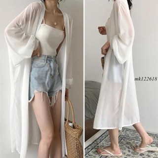 【夏日防曬】夏季蝙蝠長袖子寬鬆純白紗超長款雪紡紗小外套女 過膝防曬衣外套薄大尺碼防曬上衣mk
