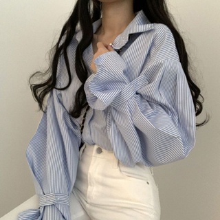 新品上市 韓國chic法式小眾秋裝設計感細條紋寬松襯衫女簡約內搭長袖上衣潮