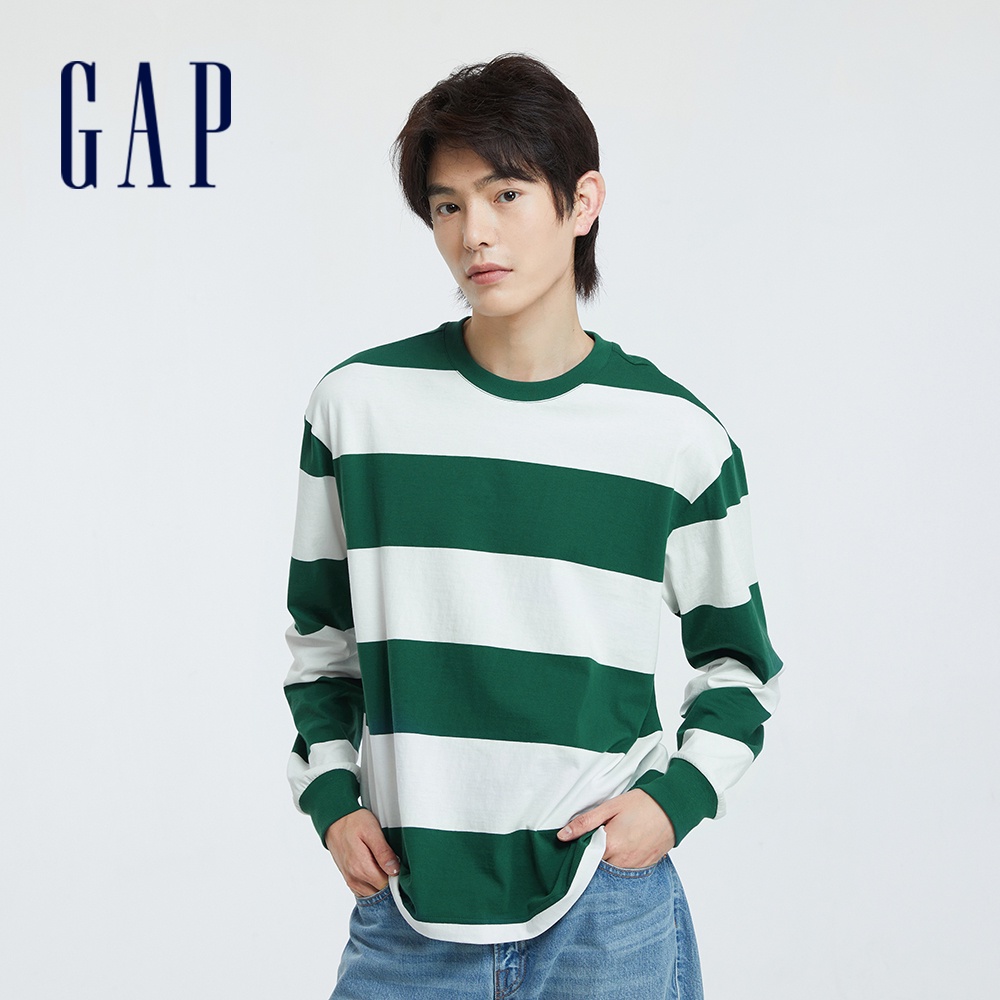 Gap 男裝 純棉圓領長袖T恤-綠色條紋(810493)