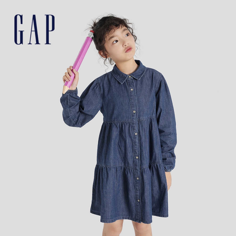 Gap 女童裝 純棉翻領牛仔長袖洋裝-深藍色(810801)