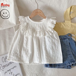 Baby家童裝店 夏季新品女童無袖花邊襯衣飛袖荷葉邊背心上衣女寶純棉娃娃衫