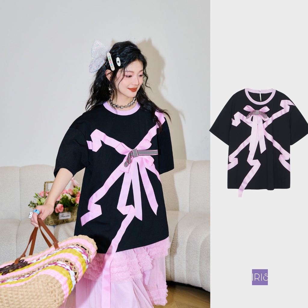 IRIS BOUTIQUE 泰國製造 小眾設計品牌 夏季新品  黑色緞帶蝴蝶結純棉短袖上衣