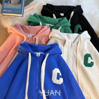 YUAN-連帽外套 字母印花 復古 帽t 大學t 美式 衛衣長袖 寬鬆上衣 oversize ins 開衫 女生衣服 外