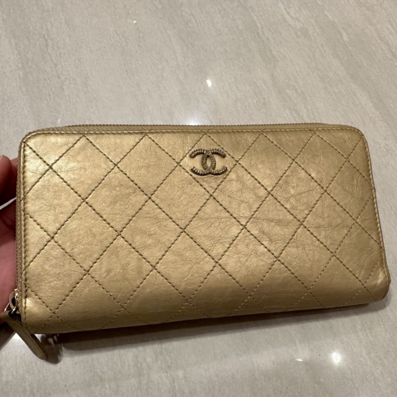 CHANEL 100%真品 香奈兒金色小牛皮拉鍊長夾