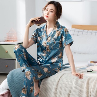 【Wik】短袖 睡衣 套裝 女 睡衣女春夏冰絲短袖長褲韓版性感加肥加大鞦鼕季女士模擬絲傢居服