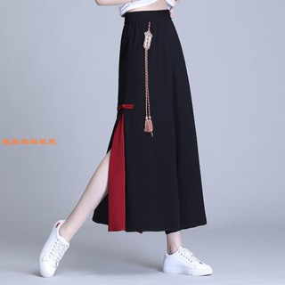 靚麗媽媽服裝 開叉雪紡闊腿褲 女夏季薄款民族風甩褲 高腰寬松九分垂感裙褲