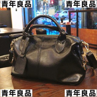 送卡套髮圈精美單肩波士頓包 2021新款牛皮真皮手提女包時尚波士頓簡約百搭單肩斜跨大包