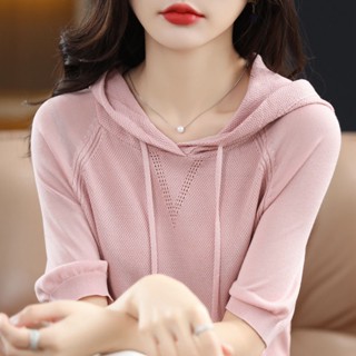 冰絲款針織衫 連帽短袖女 純色套頭帶帽t恤 寬松休閑衛衣半袖 夏季女裝 短袖t恤 中大尺碼女裝 短袖上衣 寬鬆上衣