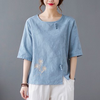 民族風刺繡棉麻女裝 寬松復古中袖上衣 盤扣短袖t恤女 夏季女裝 短袖t恤 中大尺碼女裝 短袖上衣 寬鬆上衣短袖
