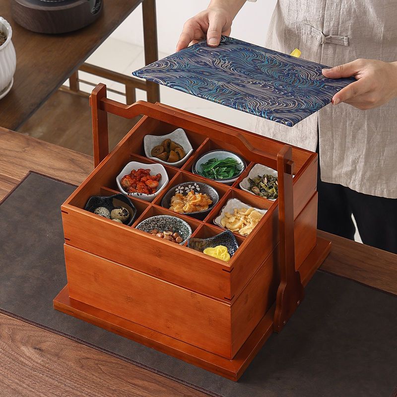 中式復古多層提盒提籃竹制收納盒食盒家用野餐籃茶箱餐廳送餐籃 壹家具文化生活館