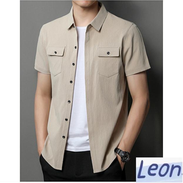 【Leon】大尺碼襯衫男 2023夏季爆款高檔男士時尚短袖襯衫男青年休閑翻領工裝外套上衣服