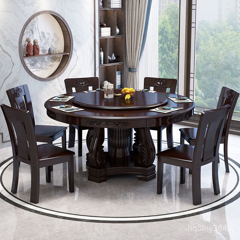 Yuumi❀中式實木餐桌 餐椅 大圓桌 圓形吃飯桌子 傢用 6-10人吃飯桌 帶轉盤 EFRS