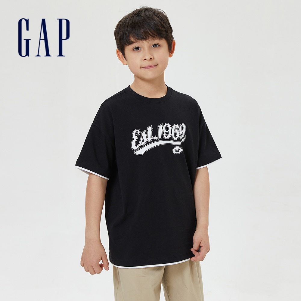 Gap 男童裝 Logo短袖T恤 厚磅密織親膚系列-黑色(602175)