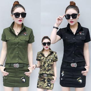 韓國 2021夏季新款迷彩兩件套女裝黑色短袖襯衫女軍綠裙褲休閒套裝女潮 韓版套裝 工作套裝 夏季 工裝套裝 FFCE