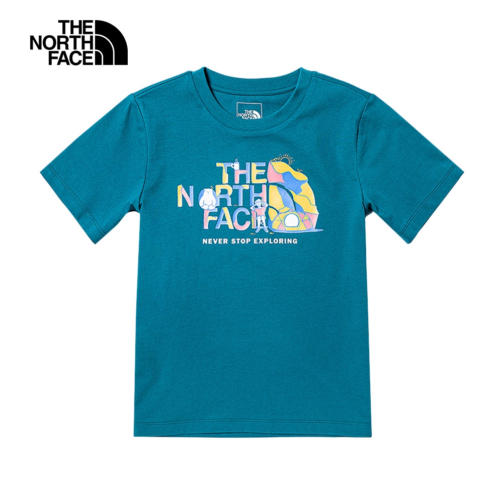 The North Face北面兒童藍色純棉拼接露營LOGO印花短袖T恤｜88E7EFS