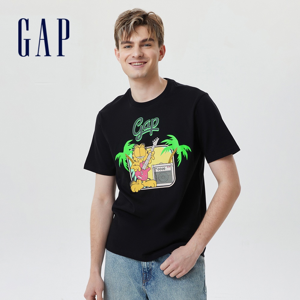 Gap 男女同款 Gap x GARFIELD加菲貓聯名 Logo純棉印花短袖T恤-黑色(714983)