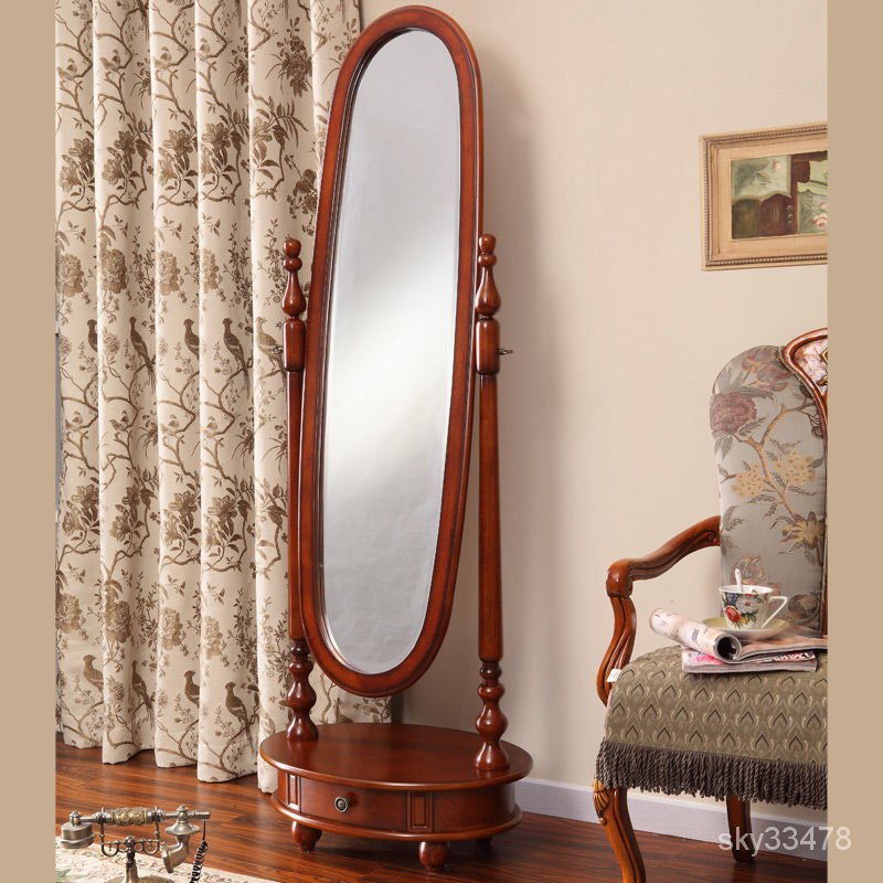 橢圓形美式實木穿衣鏡歐式全身鏡臥室復古落地鏡傢用旋轉試衣鏡