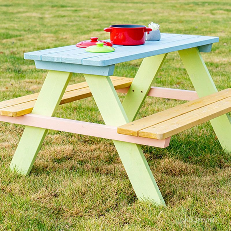 『MOKA®摩卡』實木戶外桌椅組閤庭院兒童休閒野餐桌幼兒園遊戲桌子套件拚裝桌子