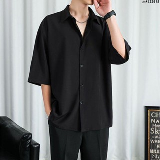 [S-5XL]短袖/長袖夏季冰絲薄款襯衫 男士寬鬆高級垂墜感休閒大尺碼素色襯衫上衣 高彈性夏季冰絲襯衫上衣tt