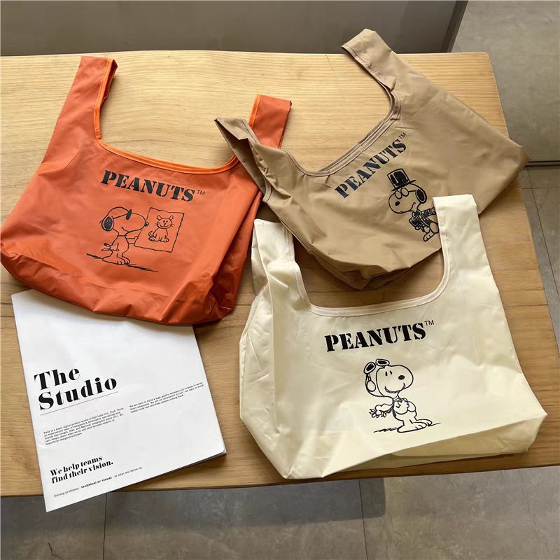 現貨🎀 可愛 史努比 內層防水 便當袋 環保 購物袋 🎀(中11)橘色 手提袋 飲料袋 咖啡色 環保袋 超市 便攜 袋子