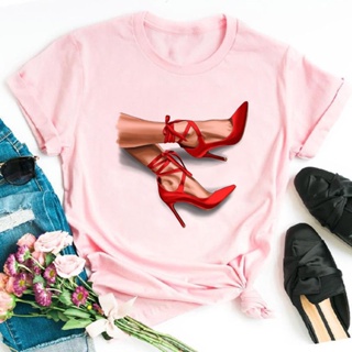 High Heels Shoes T Shirt 歐美紅色高跟鞋印花時尚女士粉色T恤